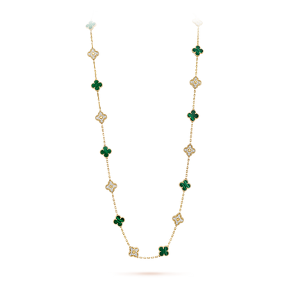 Malachite & Diamanté Lucky Clover Long Necklace