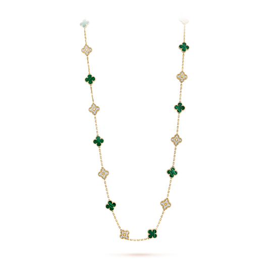 Malachite & Diamanté Lucky Clover Long Necklace