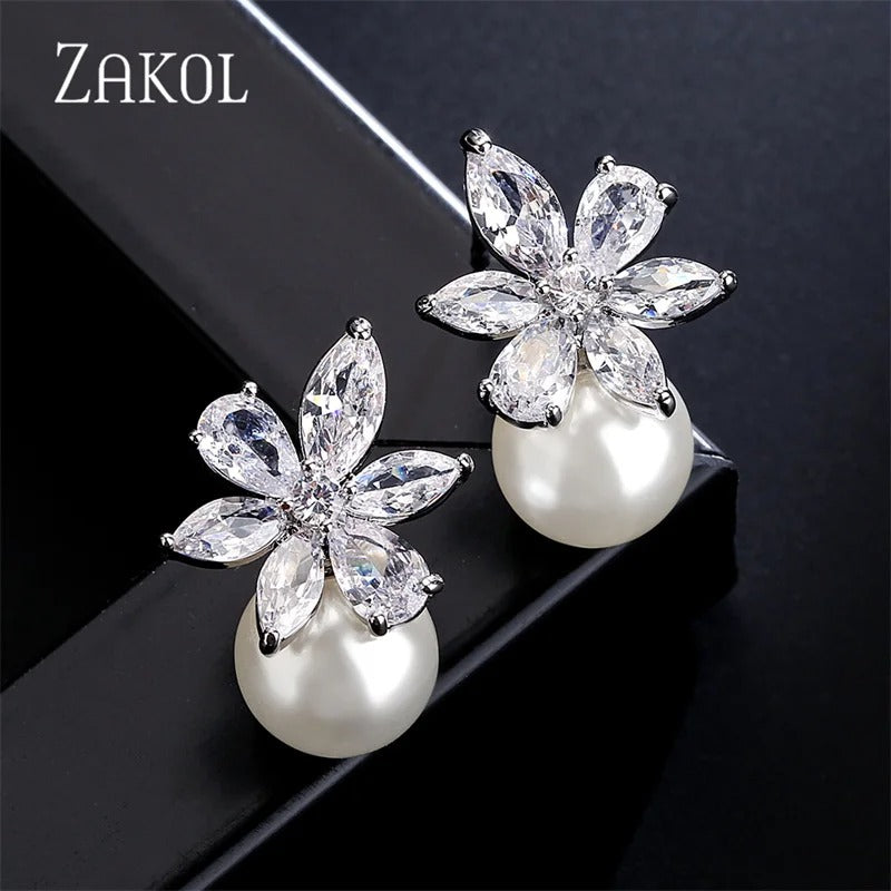 Crystal Bloom Pearl Earrings