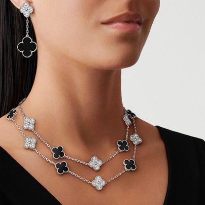Onyx & Diamanté Lucky Clover Long Necklace