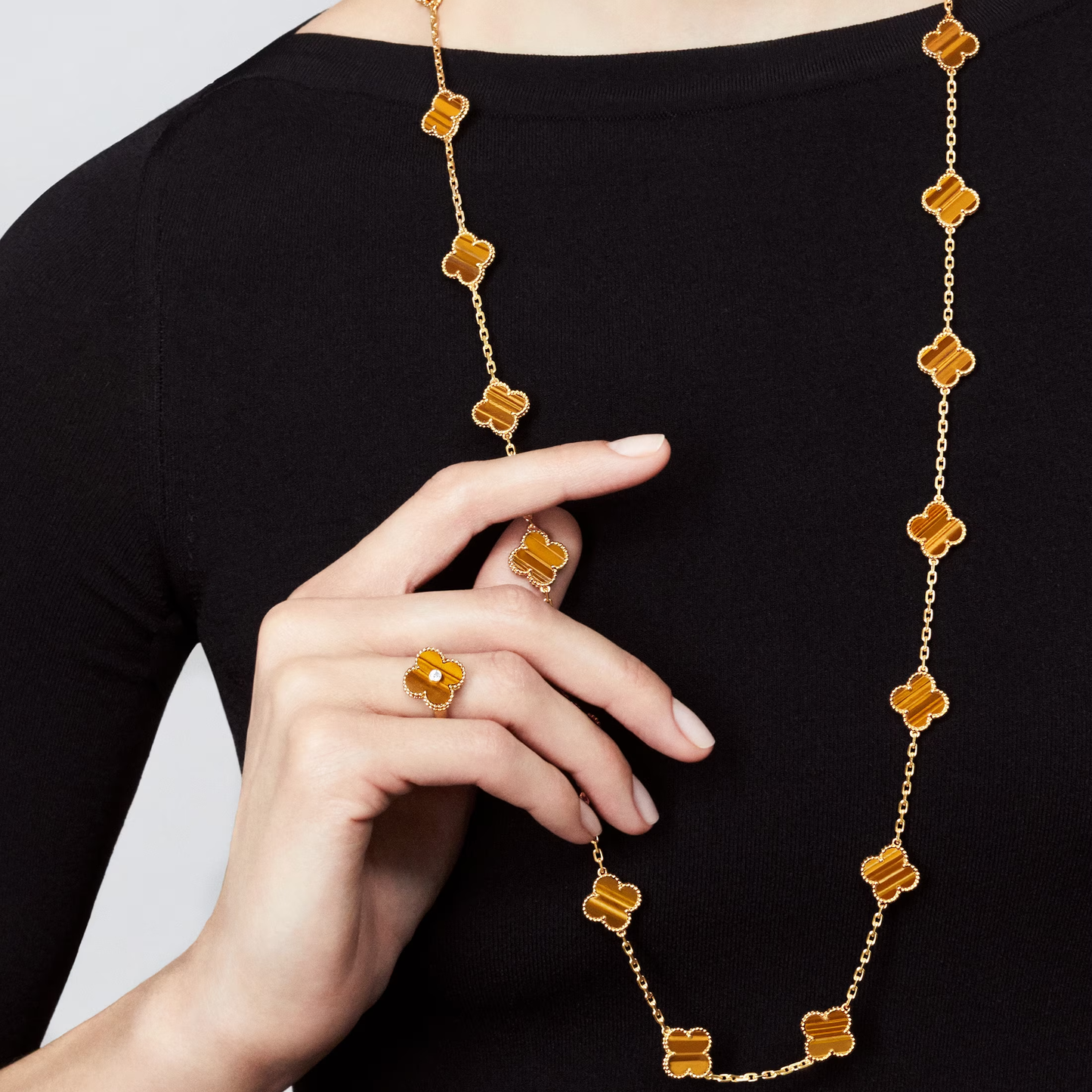 Tiger Eye Lucky Clover Long Necklace