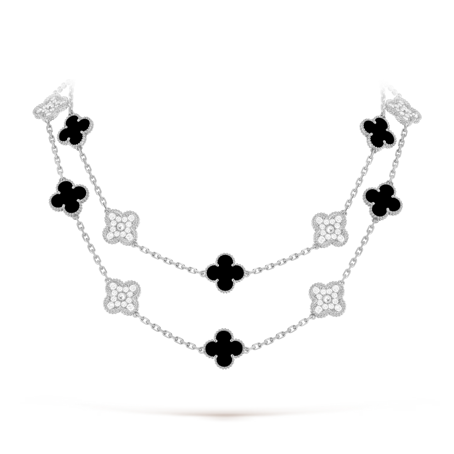 Onyx & Diamanté Lucky Clover Long Necklace