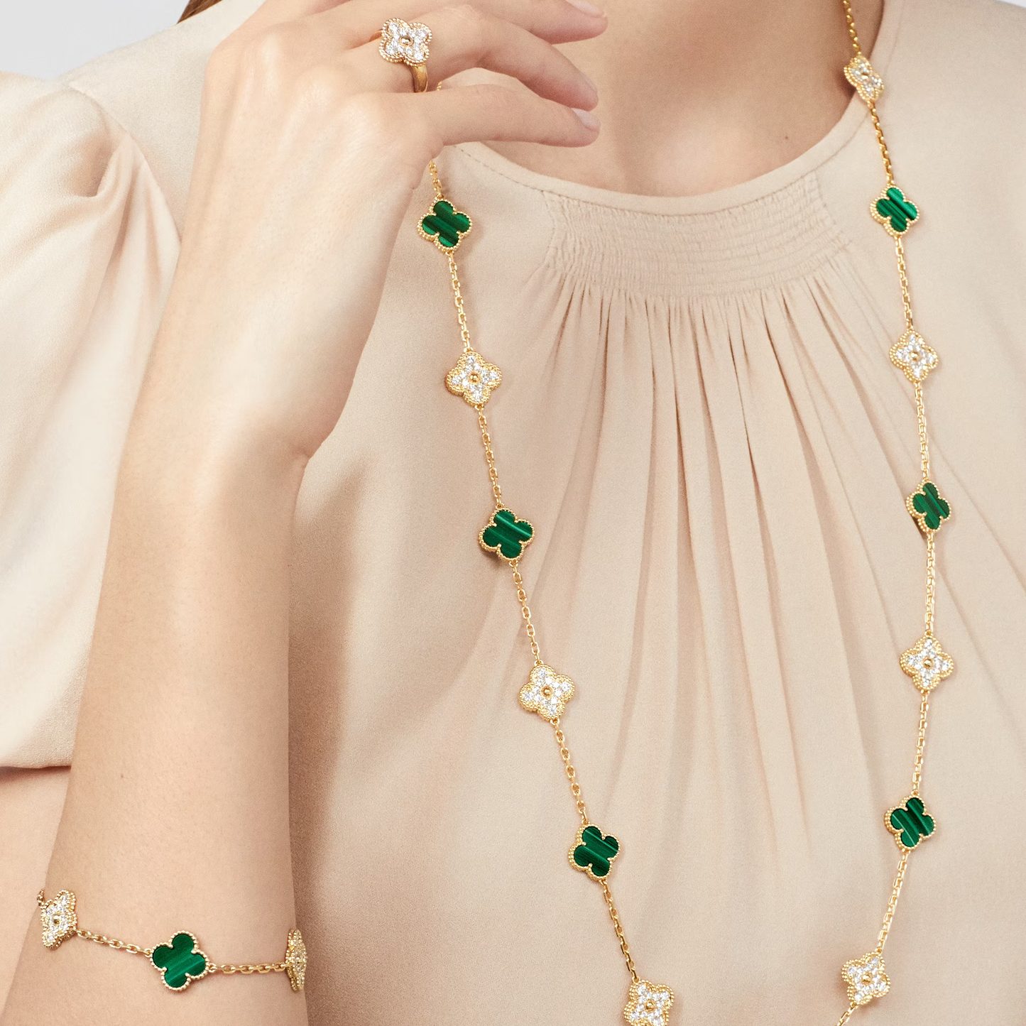 Malachite & Diamanté Lucky Clover Long Necklace