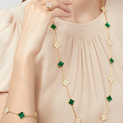 Malachite & Diamanté Lucky Clover Long Necklace